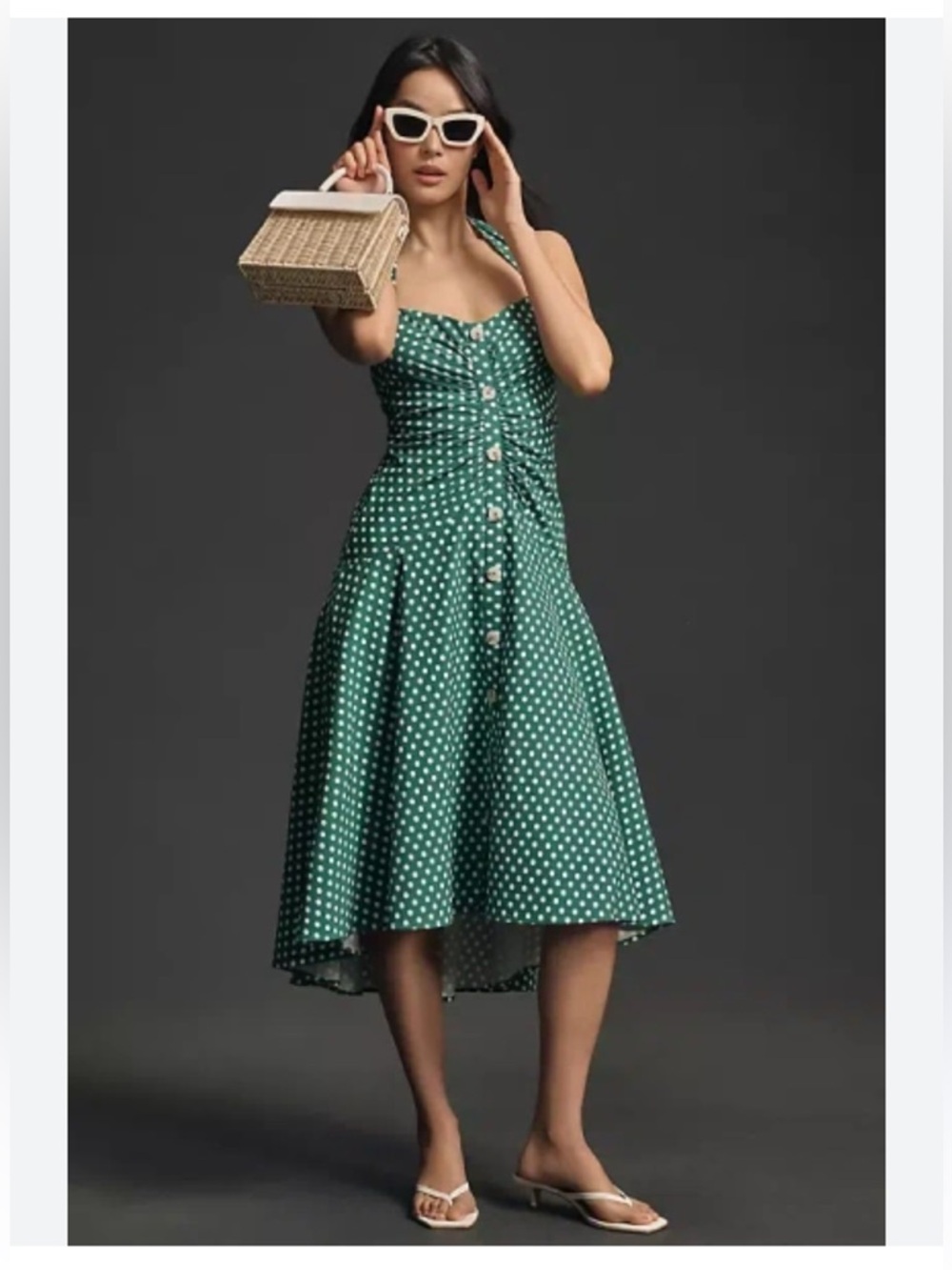 Anthropologie Maeve Halter Green Retro Polka-dot Dress Fit and Flair Size 12